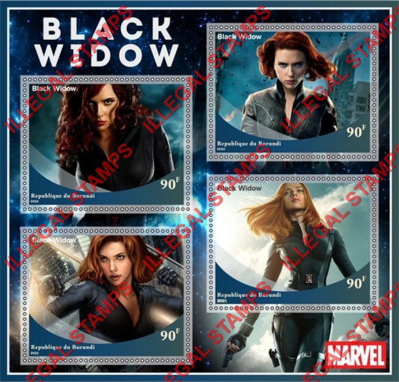 Burundi 2022 Black Widow Marvel Movie Counterfeit Illegal Stamp Souvenir Sheet of 4 Burundi 2022 Black Widow Marvel Movie Counterfeit Illegal Stamp Souvenir Sheet of 4