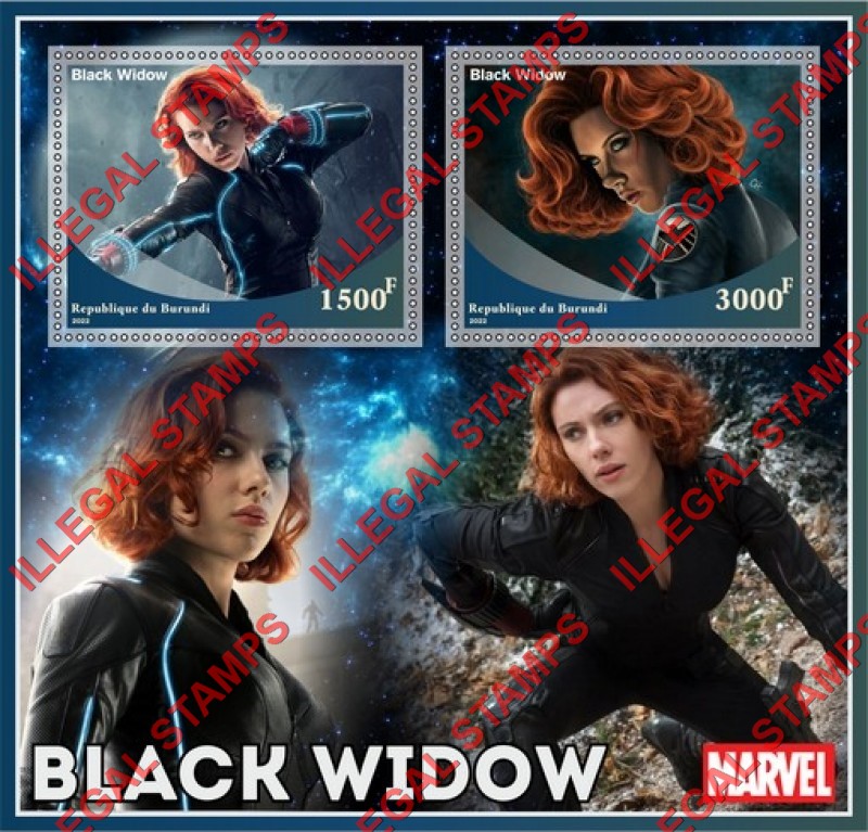 Burundi 2022 Black Widow Marvel Movie Counterfeit Illegal Stamp Souvenir Sheet of 2 Burundi 2022 Black Widow Marvel Movie Counterfeit Illegal Stamp Souvenir Sheet of 2