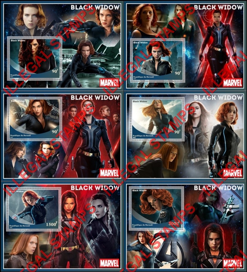 Burundi 2022 Black Widow Marvel Movie Counterfeit Illegal Stamp Souvenir Sheets of 1 Burundi 2022 Black Widow Marvel Movie Counterfeit Illegal Stamp Souvenir Sheets of 1