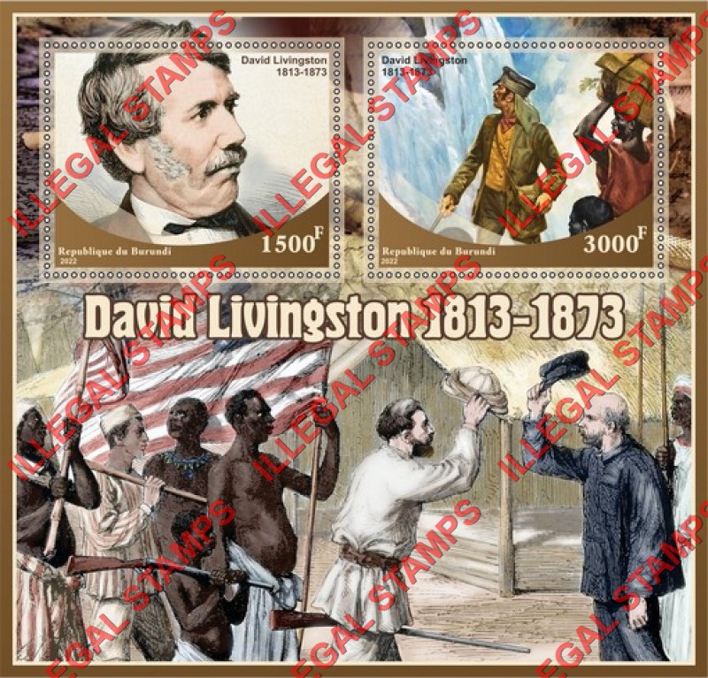 Burundi 2022 David Livingston Counterfeit Illegal Stamp Souvenir Sheet of 2 Burundi 2022 David Livingston Counterfeit Illegal Stamp Souvenir Sheet of 2