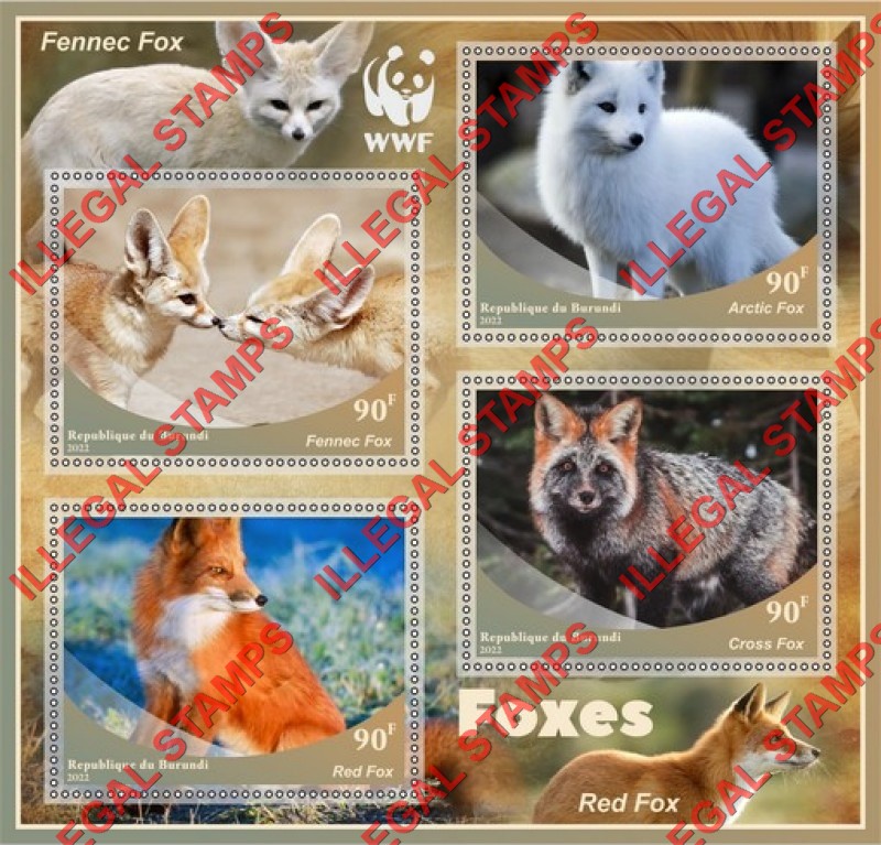 Burundi 2022 Foxes WWF (World Wildlife Fund) Counterfeit Illegal Stamp Souvenir Sheet of 4 Burundi 2022 Foxes WWF (World Wildlife Fund) Counterfeit Illegal Stamp Souvenir Sheet of 4