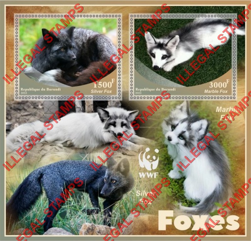 Burundi 2022 Foxes WWF (World Wildlife Fund) Counterfeit Illegal Stamp Souvenir Sheet of 2 Burundi 2022 Foxes WWF (World Wildlife Fund) Counterfeit Illegal Stamp Souvenir Sheet of 2