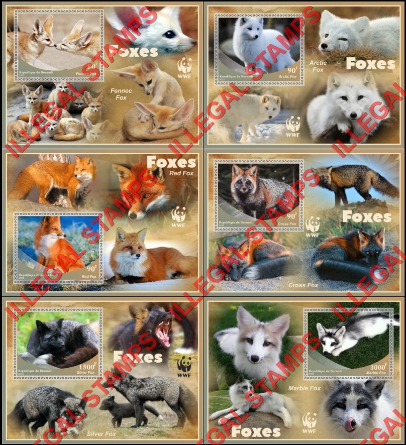 Burundi 2022 Foxes WWF (World Wildlife Fund) Counterfeit Illegal Stamp Souvenir Sheets of 1 Burundi 2022 Foxes WWF (World Wildlife Fund) Counterfeit Illegal Stamp Souvenir Sheets of 1