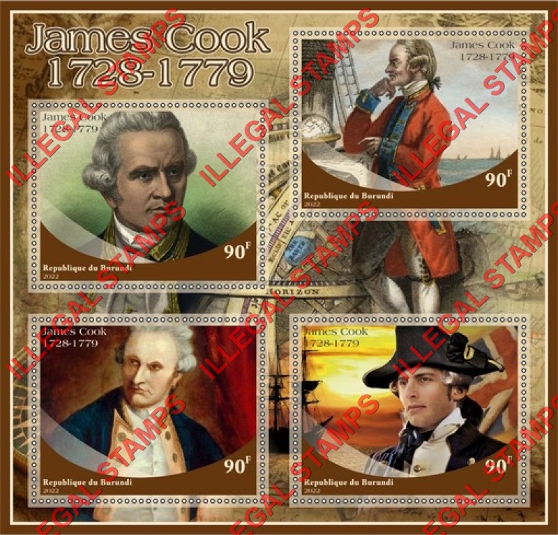Burundi 2022 James Cook Counterfeit Illegal Stamp Souvenir Sheet of 4 Burundi 2022 James Cook Counterfeit Illegal Stamp Souvenir Sheet of 4