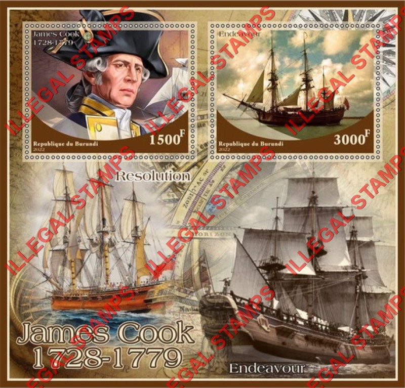 Burundi 2022 James Cook Counterfeit Illegal Stamp Souvenir Sheet of 2 Burundi 2022 James Cook Counterfeit Illegal Stamp Souvenir Sheet of 2