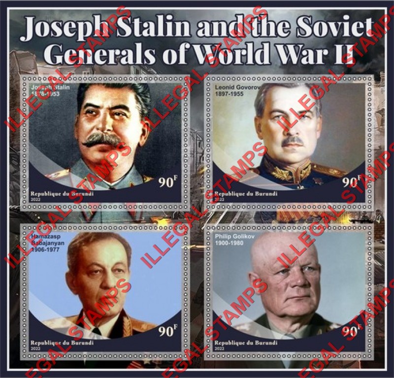 Burundi 2022 Joseph Stalin and Soviet Generals of World War II Counterfeit Illegal Stamp Souvenir Sheet of 4 Burundi 2022 Joseph Stalin and Soviet Generals of World War II Counterfeit Illegal Stamp Souvenir Sheet of 4