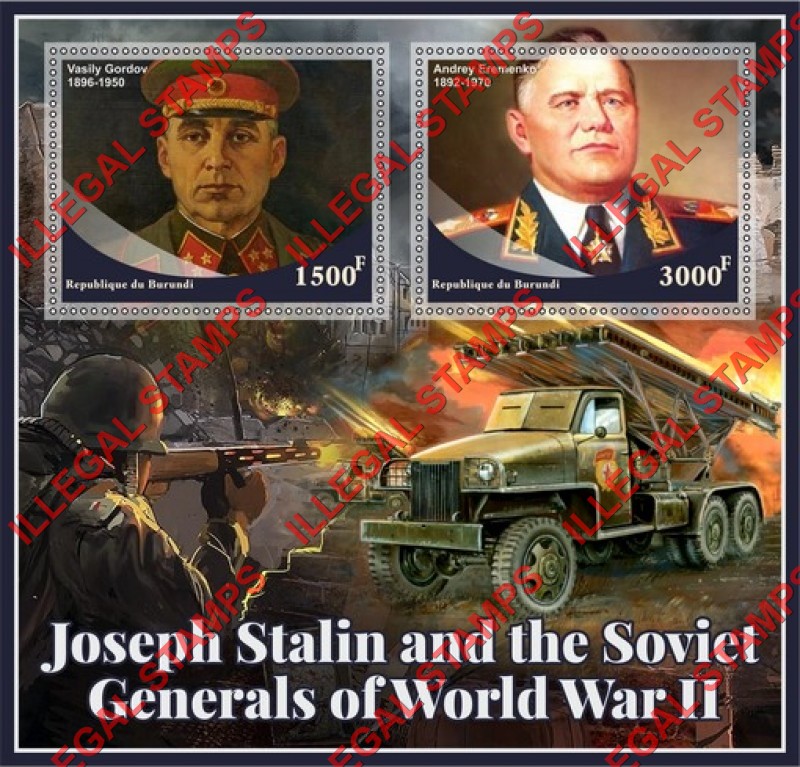 Burundi 2022 Joseph Stalin and Soviet Generals of World War II Counterfeit Illegal Stamp Souvenir Sheet of 2 Burundi 2022 Joseph Stalin and Soviet Generals of World War II Counterfeit Illegal Stamp Souvenir Sheet of 2