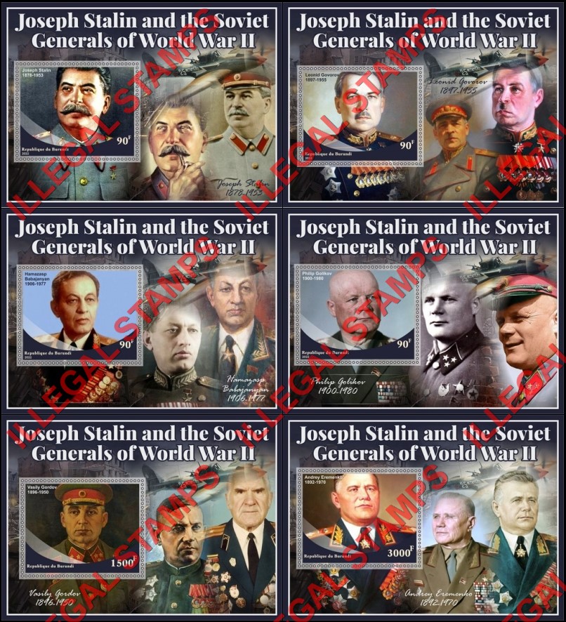 Burundi 2022 Joseph Stalin and Soviet Generals of World War II Counterfeit Illegal Stamp Souvenir Sheets of 1 Burundi 2022 Joseph Stalin and Soviet Generals of World War II Counterfeit Illegal Stamp Souvenir Sheets of 1