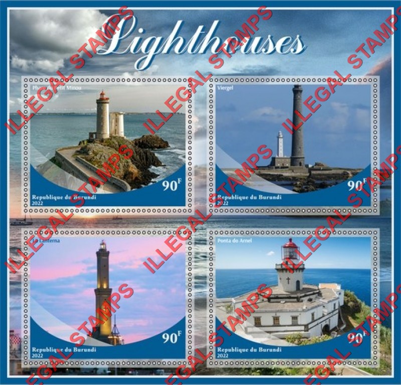 Burundi 2022 Lighthouses Counterfeit Illegal Stamp Souvenir Sheet of 4 Burundi 2022 Lighthouses Counterfeit Illegal Stamp Souvenir Sheet of 4