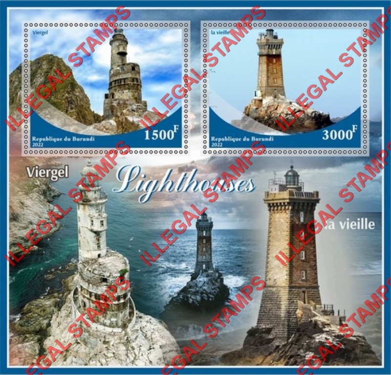 Burundi 2022 Lighthouses Counterfeit Illegal Stamp Souvenir Sheet of 2 Burundi 2022 Lighthouses Counterfeit Illegal Stamp Souvenir Sheet of 2