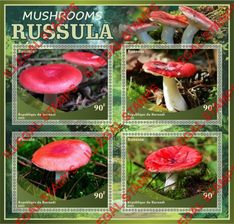 Burundi 2022 Mushrooms Russula Counterfeit Illegal Stamp Souvenir Sheet of 4 Burundi 2022 Mushrooms Russula Counterfeit Illegal Stamp Souvenir Sheet of 4