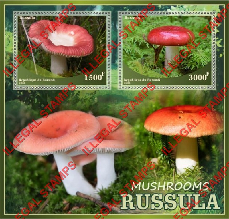 Burundi 2022 Mushrooms Russula Counterfeit Illegal Stamp Souvenir Sheet of 2 Burundi 2022 Mushrooms Russula Counterfeit Illegal Stamp Souvenir Sheet of 2