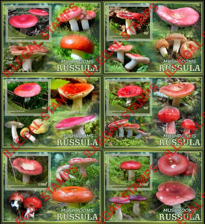 Burundi 2022 Mushrooms Russula Counterfeit Illegal Stamp Souvenir Sheets of 1 Burundi 2022 Mushrooms Russula Counterfeit Illegal Stamp Souvenir Sheets of 1