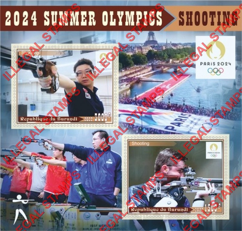 Burundi 2022 Olympic Games in Paris in 2024 Shooting Counterfeit Illegal Stamp Souvenir Sheet of 2 Burundi 2022 Olympic Games in Paris in 2024 Shooting Counterfeit Illegal Stamp Souvenir Sheet of 2