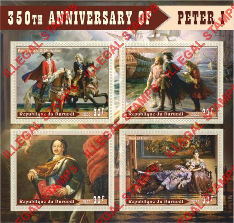 Burundi 2022 Peter I Counterfeit Illegal Stamp Souvenir Sheet of 4 Burundi 2022 Peter I Counterfeit Illegal Stamp Souvenir Sheet of 4