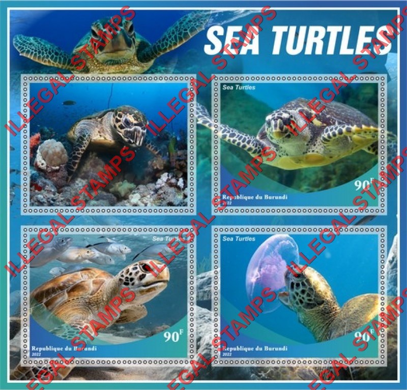 Burundi 2022 Sea Turtles Counterfeit Illegal Stamp Souvenir Sheet of 4 Burundi 2022 Sea Turtles Counterfeit Illegal Stamp Souvenir Sheet of 4