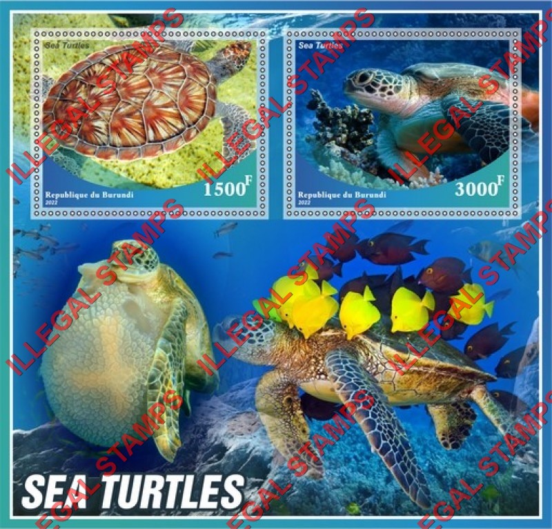 Burundi 2022 Sea Turtles Counterfeit Illegal Stamp Souvenir Sheet of 2 Burundi 2022 Sea Turtles Counterfeit Illegal Stamp Souvenir Sheet of 2