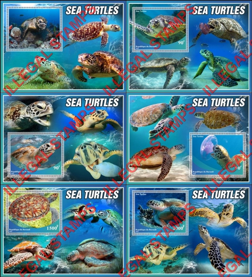 Burundi 2022 Sea Turtles Counterfeit Illegal Stamp Souvenir Sheets of 1 Burundi 2022 Sea Turtles Counterfeit Illegal Stamp Souvenir Sheets of 1