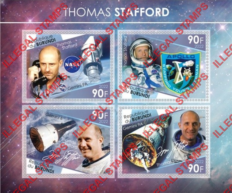 Burundi 2022 Space Astronaut Thomas Stafford Counterfeit Illegal Stamp Souvenir Sheet of 4 Burundi 2022 Space Astronaut Thomas Stafford Counterfeit Illegal Stamp Souvenir Sheet of 4