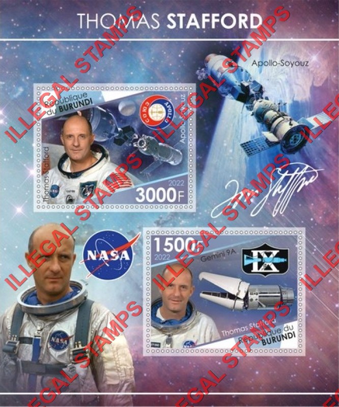 Burundi 2022 Space Astronaut Thomas Stafford Counterfeit Illegal Stamp Souvenir Sheet of 2 Burundi 2022 Space Astronaut Thomas Stafford Counterfeit Illegal Stamp Souvenir Sheet of 2