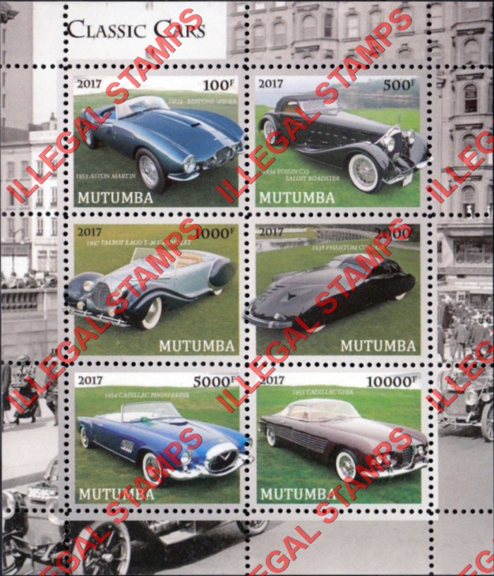 Mutumba 2017 Classic Cars Counterfeit Illegal Stamp Souvenir Sheet of 6 (Sheet 1) Mutumba 2017 Classic Cars Counterfeit Illegal Stamp Souvenir Sheet of 6 (Sheet 1)