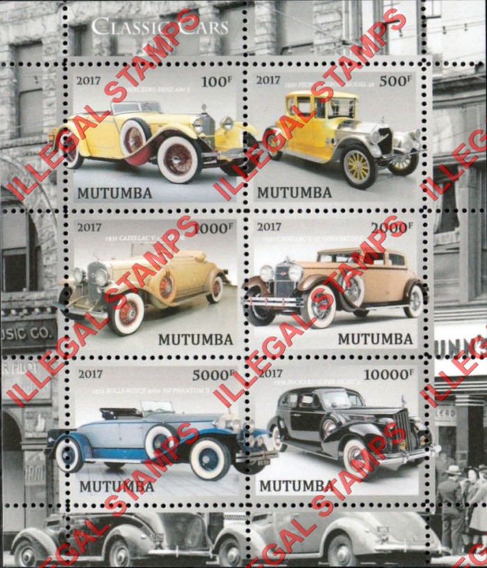 Mutumba 2017 Classic Cars Counterfeit Illegal Stamp Souvenir Sheet of 6 (Sheet 2) Mutumba 2017 Classic Cars Counterfeit Illegal Stamp Souvenir Sheet of 6 (Sheet 2)