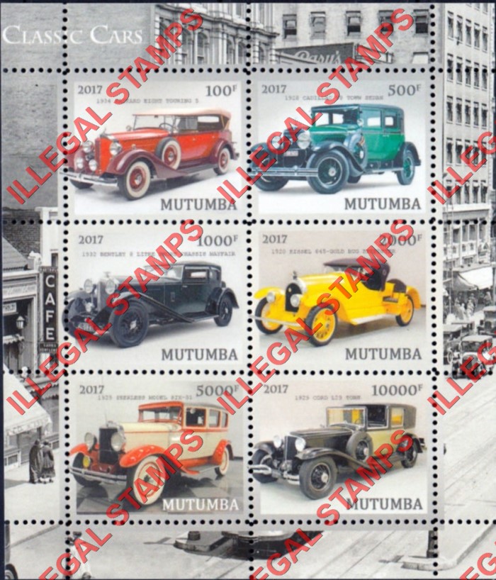 Mutumba 2017 Classic Cars Counterfeit Illegal Stamp Souvenir Sheet of 6 (Sheet 3) Mutumba 2017 Classic Cars Counterfeit Illegal Stamp Souvenir Sheet of 6 (Sheet 3)