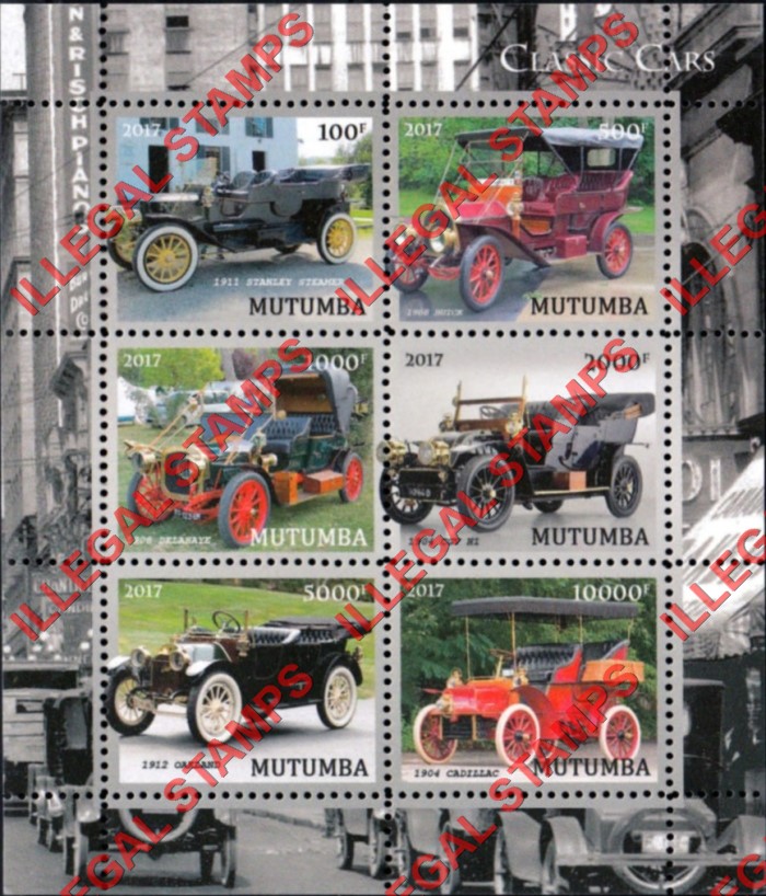 Mutumba 2017 Classic Cars Counterfeit Illegal Stamp Souvenir Sheet of 6 (Sheet 4) Mutumba 2017 Classic Cars Counterfeit Illegal Stamp Souvenir Sheet of 6 (Sheet 4)