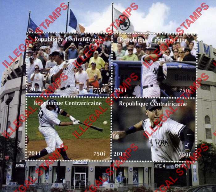 Central African Republic 2011 Baseball Illegal Stamp Souvenir Sheet of 4 Central African Republic 2011 Baseball Illegal Stamp Souvenir Sheet of 4