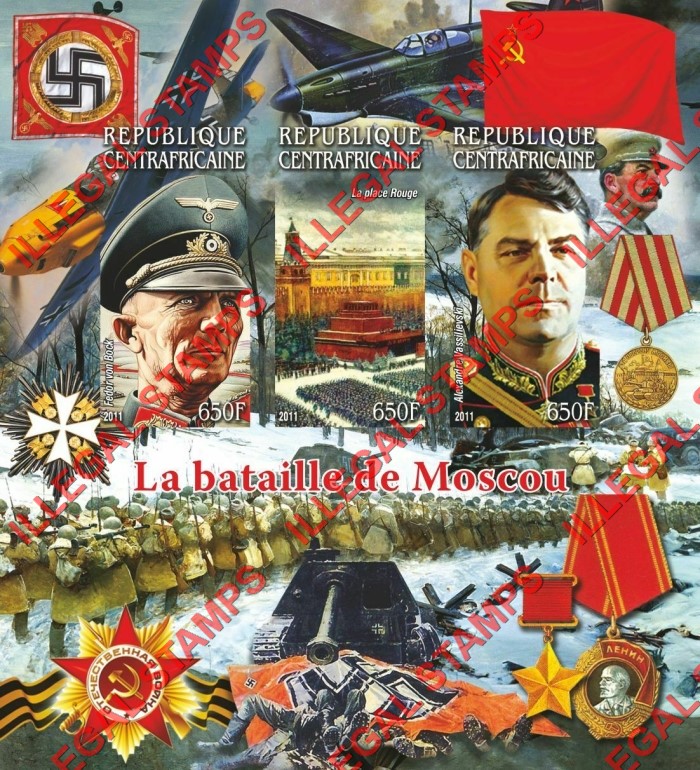 Central African Republic 2011 Battle of Moscow Illegal Stamp Souvenir Sheet of 3 Central African Republic 2011 Battle of Moscow Illegal Stamp Souvenir Sheet of 3