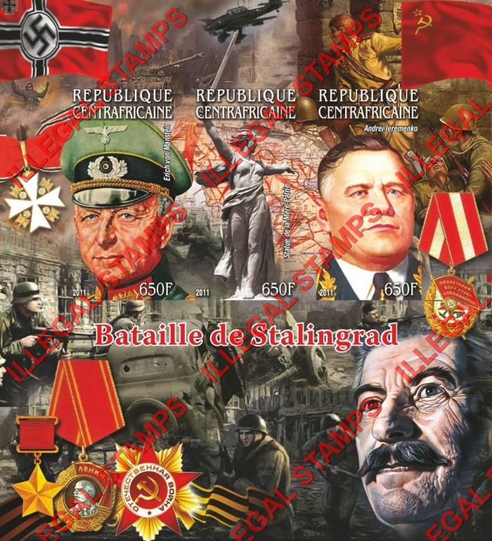 Central African Republic 2011 Battle of Stalingrad Illegal Stamp Souvenir Sheet of 3 Central African Republic 2011 Battle of Stalingrad Illegal Stamp Souvenir Sheet of 3