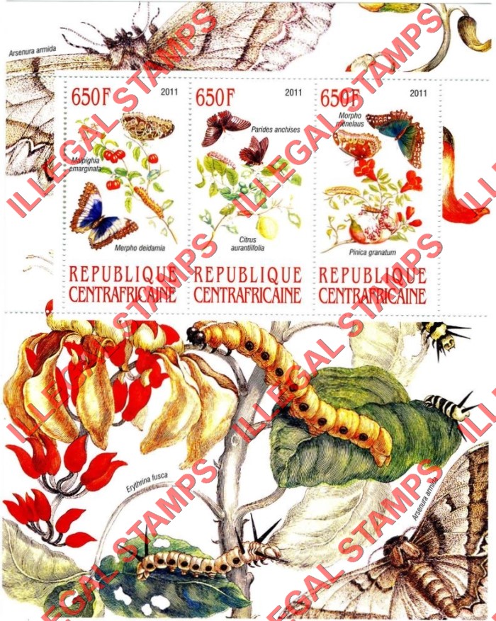 Central African Republic 2011 Butterflies and Insects Illegal Stamp Souvenir Sheet of 3 (Sheet 1) Central African Republic 2011 Butterflies and Insects Illegal Stamp Souvenir Sheet of 3 (Sheet 1)