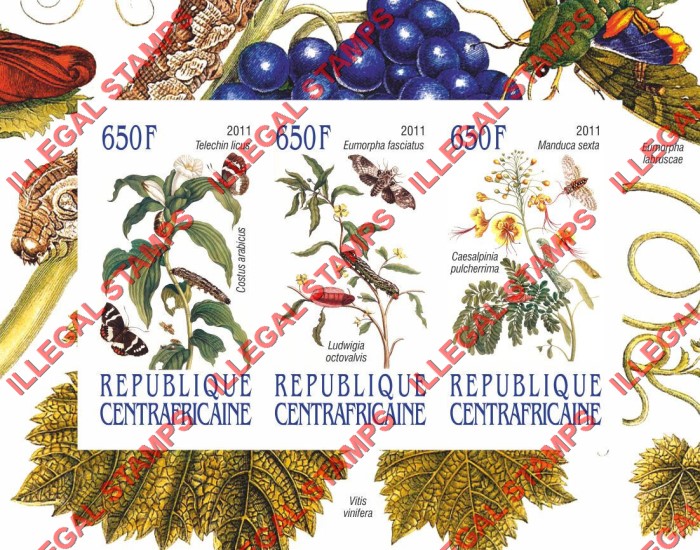 Central African Republic 2011 Butterflies and Insects Illegal Stamp Souvenir Sheet of 3 (Sheet 2) Central African Republic 2011 Butterflies and Insects Illegal Stamp Souvenir Sheet of 3 (Sheet 2)