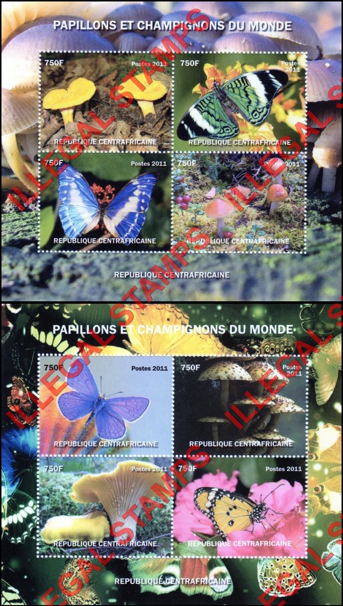 Central African Republic 2011 Butterflies and Mushrooms Illegal Stamp Souvenir Sheets of 4 Central African Republic 2011 Butterflies and Mushrooms Illegal Stamp Souvenir Sheets of 4