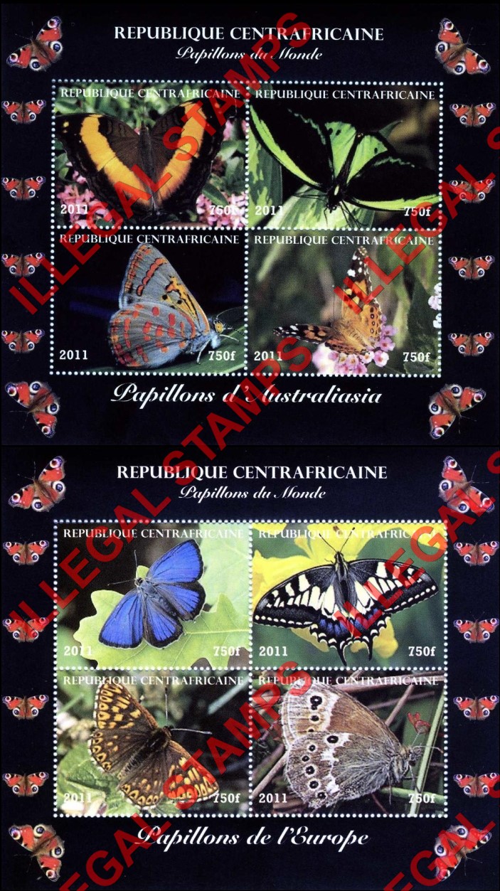 Central African Republic 2011 Butterflies of the World Illegal Stamp Souvenir Sheets of 4 (Part 2) Central African Republic 2011 Butterflies of the World Illegal Stamp Souvenir Sheets of 4 (Part 2)