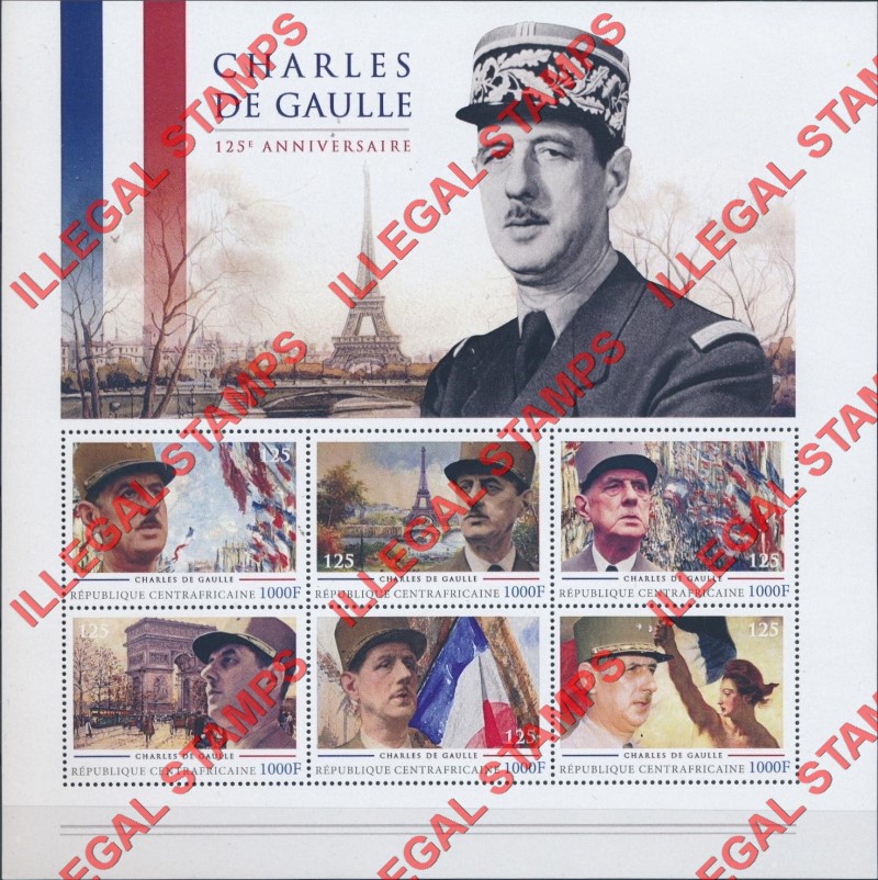 Central African Republic 2011 Charles de Gaulle Illegal Stamp Souvenir Sheet of 6 Central African Republic 2011 Charles de Gaulle Illegal Stamp Souvenir Sheet of 6