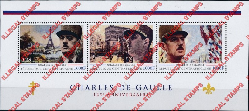 Central African Republic 2011 Charles de Gaulle Illegal Stamp Souvenir Sheet of 3 Central African Republic 2011 Charles de Gaulle Illegal Stamp Souvenir Sheet of 3