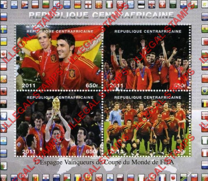 Central African Republic 2011 FIFA World Cup Soccer Winners Illegal Stamp Souvenir Sheet of 4 Central African Republic 2011 FIFA World Cup Soccer Winners Illegal Stamp Souvenir Sheet of 4