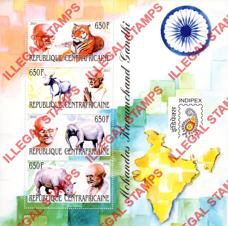 Central African Republic 2011 Gandhi Illegal Stamp Souvenir Sheet of 4 Central African Republic 2011 Gandhi Illegal Stamp Souvenir Sheet of 4