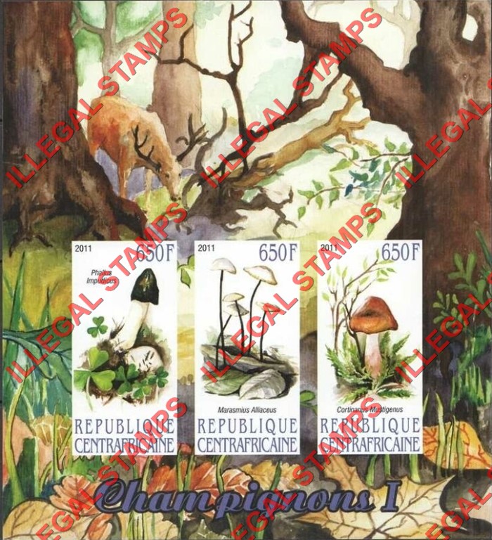 Central African Republic 2011 Mushrooms Illegal Stamp Souvenir Sheet of 3 (Sheet 1) Central African Republic 2011 Mushrooms Illegal Stamp Souvenir Sheet of 3 (Sheet 1)