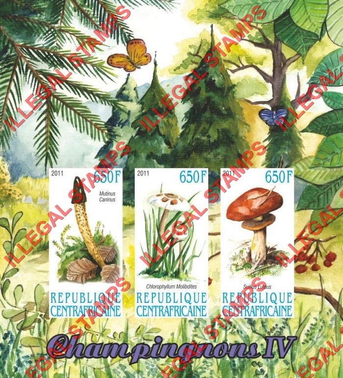 Central African Republic 2011 Mushrooms Illegal Stamp Souvenir Sheet of 3 (Sheet 4) Central African Republic 2011 Mushrooms Illegal Stamp Souvenir Sheet of 3 (Sheet 4)
