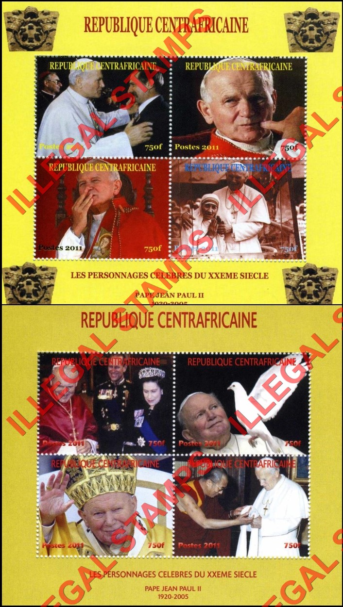 Central African Republic 2011 Pope John Paul II Illegal Stamp Souvenir Sheets of 4 Central African Republic 2011 Pope John Paul II Illegal Stamp Souvenir Sheets of 4