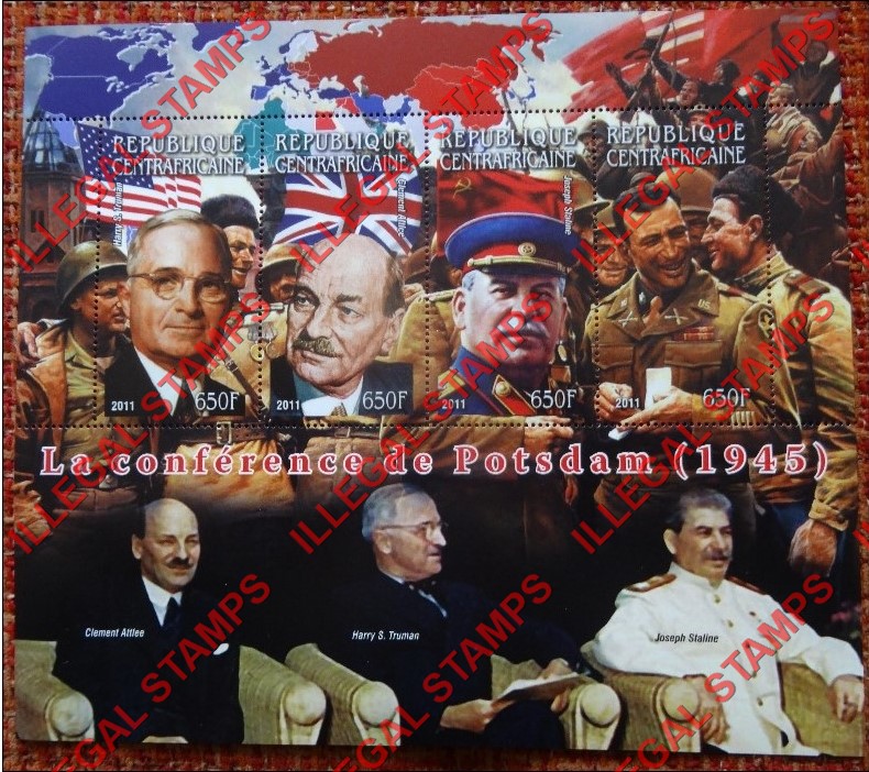 Central African Republic 2011 Potsdam Conference in World War II Illegal Stamp Souvenir Sheet of 4 Central African Republic 2011 Potsdam Conference in World War II Illegal Stamp Souvenir Sheet of 4
