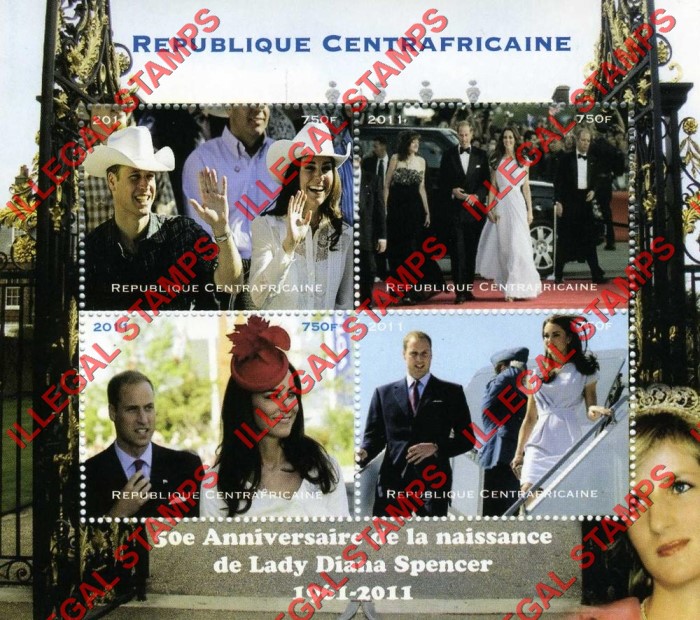 Central African Republic 2011 Prince William and Kate Illegal Stamp Souvenir Sheet of 4 Central African Republic 2011 Prince William and Kate Illegal Stamp Souvenir Sheet of 4