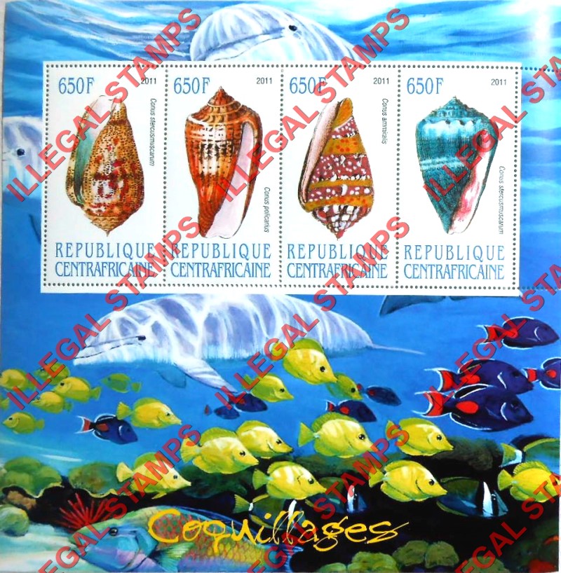 Central African Republic 2011 Shells Illegal Stamp Souvenir Sheet of 4 (Sheet 1) Central African Republic 2011 Shells Illegal Stamp Souvenir Sheet of 4 (Sheet 1)