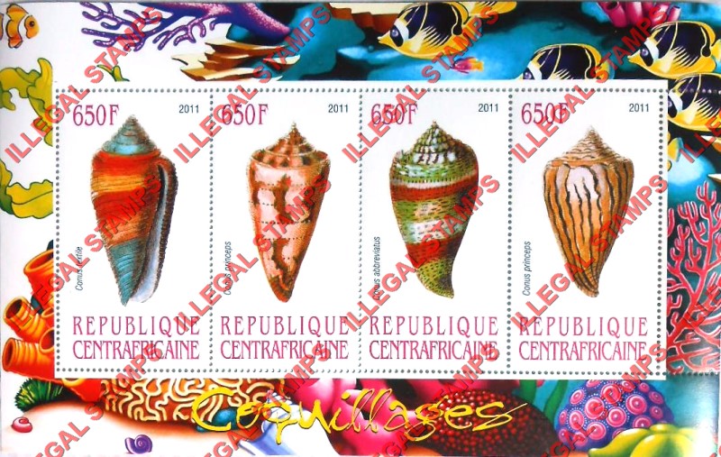Central African Republic 2011 Shells Illegal Stamp Souvenir Sheet of 4 (Sheet 2) Central African Republic 2011 Shells Illegal Stamp Souvenir Sheet of 4 (Sheet 2)