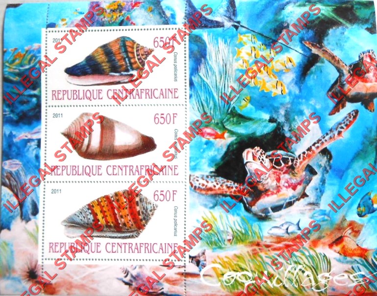 Central African Republic 2011 Shells Illegal Stamp Souvenir Sheet of 3 (Sheet 1) Central African Republic 2011 Shells Illegal Stamp Souvenir Sheet of 3 (Sheet 1)