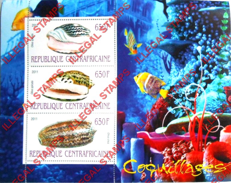 Central African Republic 2011 Shells Illegal Stamp Souvenir Sheet of 3 (Sheet 2) Central African Republic 2011 Shells Illegal Stamp Souvenir Sheet of 3 (Sheet 2)