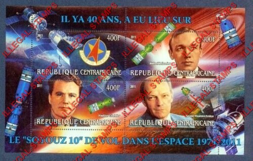 Central African Republic 2011 Space Soyuz 10 and Salyut Illegal Stamp Souvenir Sheet of 4 Central African Republic 2011 Space Soyuz 10 and Salyut Illegal Stamp Souvenir Sheet of 4