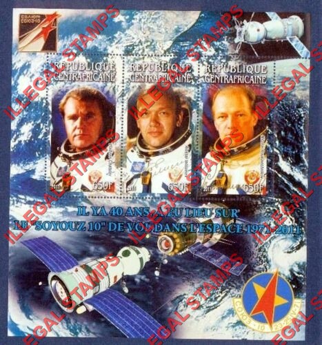Central African Republic 2011 Space Soyuz 10 and Salyut Illegal Stamp Souvenir Sheet of 3 Central African Republic 2011 Space Soyuz 10 and Salyut Illegal Stamp Souvenir Sheet of 3